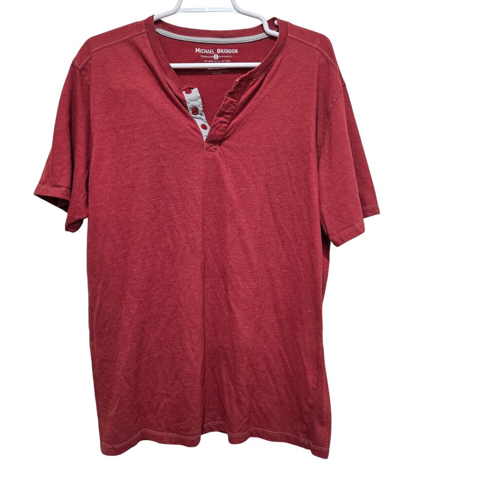 Michael Brandon Red Heathered Henley Tee XL Mens Shirt